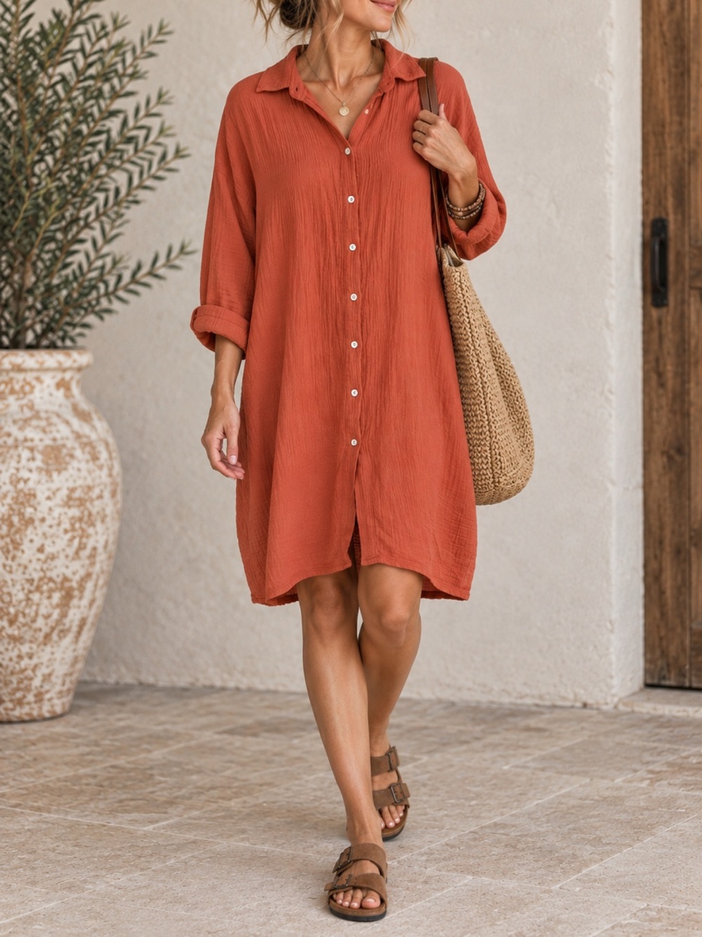 Beyond Threads Women's Rust Button-Front Cotton Gauze Shirt Dress